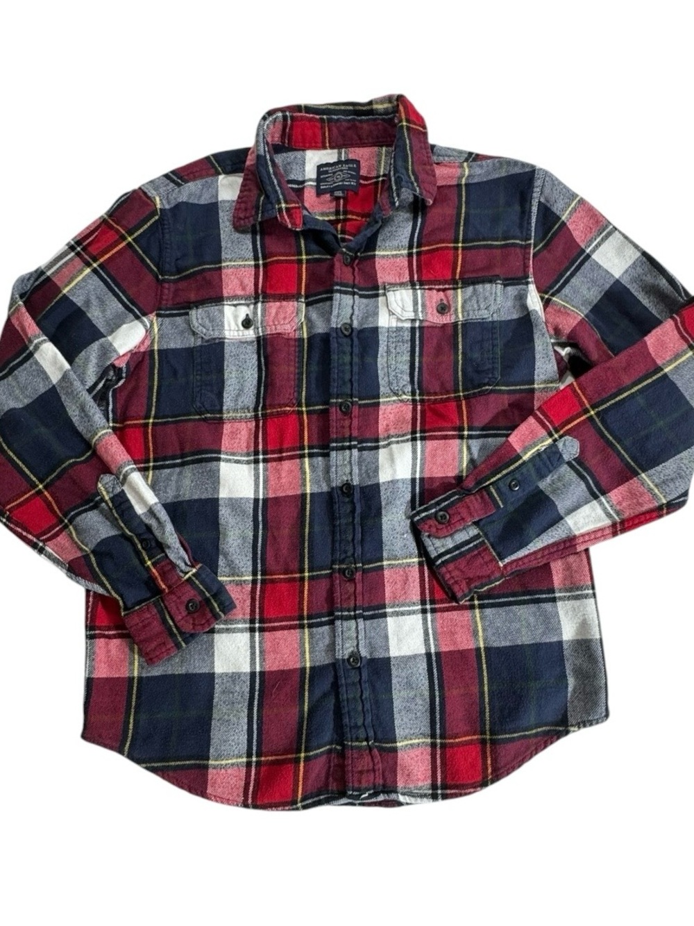 American Eagle Outfitters Red Navy White Flannel Button Up Shirt 100% Cotton